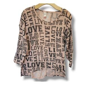 No Boundaries Juniors peach LOVE print lace back detail pullover sweater large